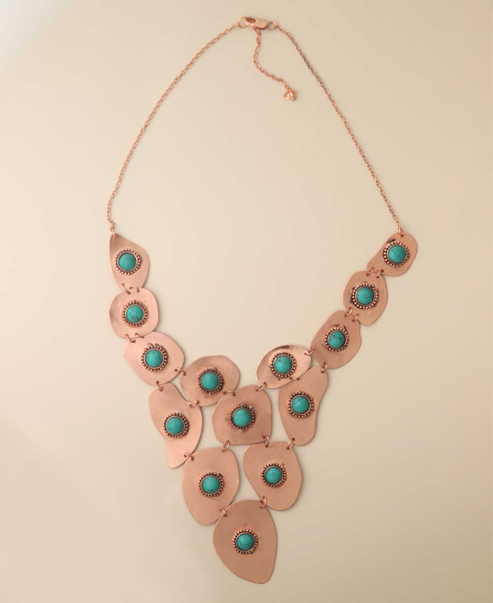 Cascading Copper Bib Necklace with Turquoise Cabochons — Copper and turquoise