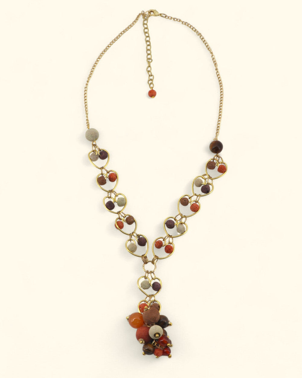 Heart-Link Y Necklace with Earthtone Bead Cluster — Terracotta, plum, warm brown, putty