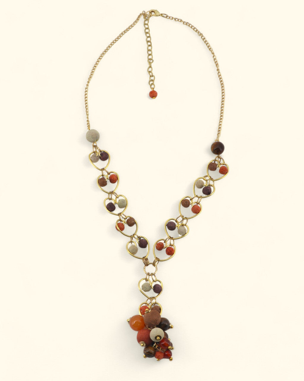 Heart-Link Y Necklace with Earthtone Bead Cluster — Terracotta, plum, warm brown, putty