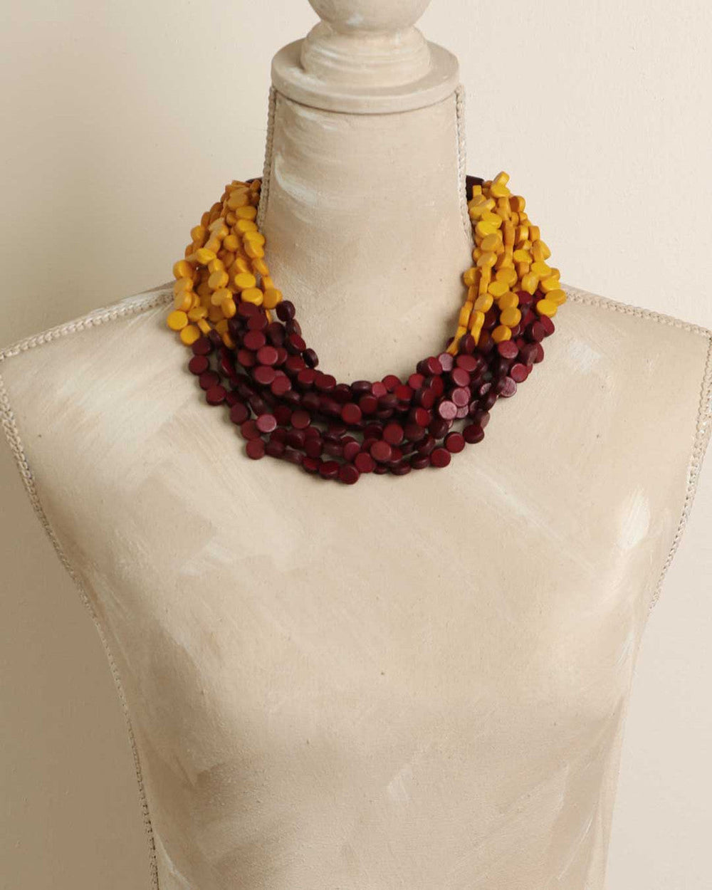 Saffron-to-Burgundy Wood Disc Collar Necklace — Saffron yellow and burgundy