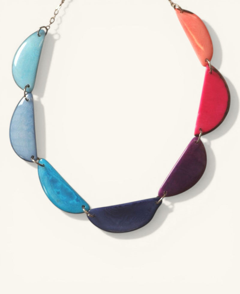 Jewel-Tone Crescent Tagua Necklace — Turquoise, slate, navy, purple, magenta, coral