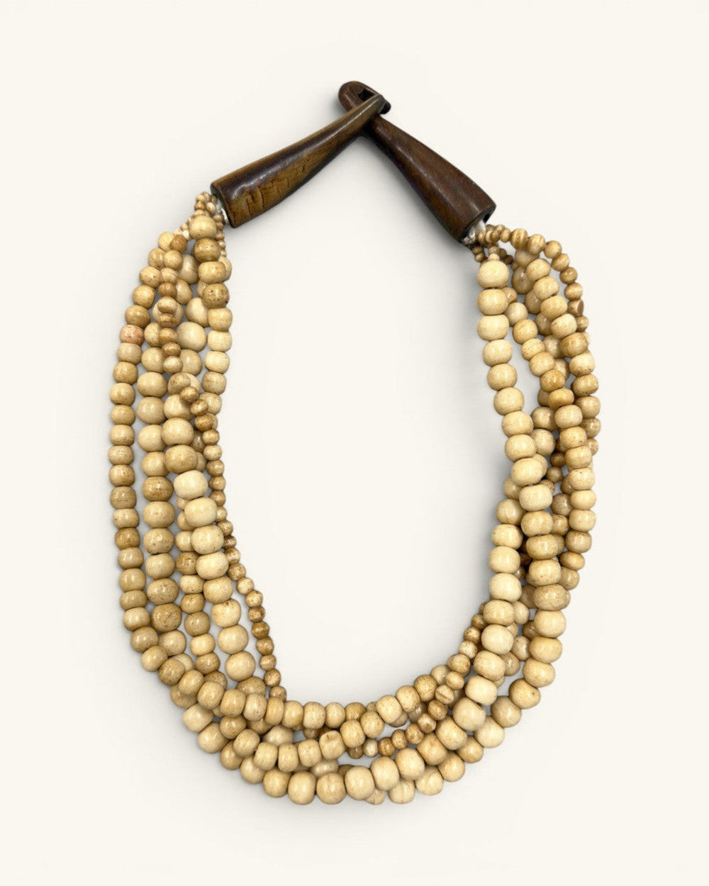 Five-Strand Bone Collar Necklace with Horn Wedge Closure — Cream, tan, deep brown