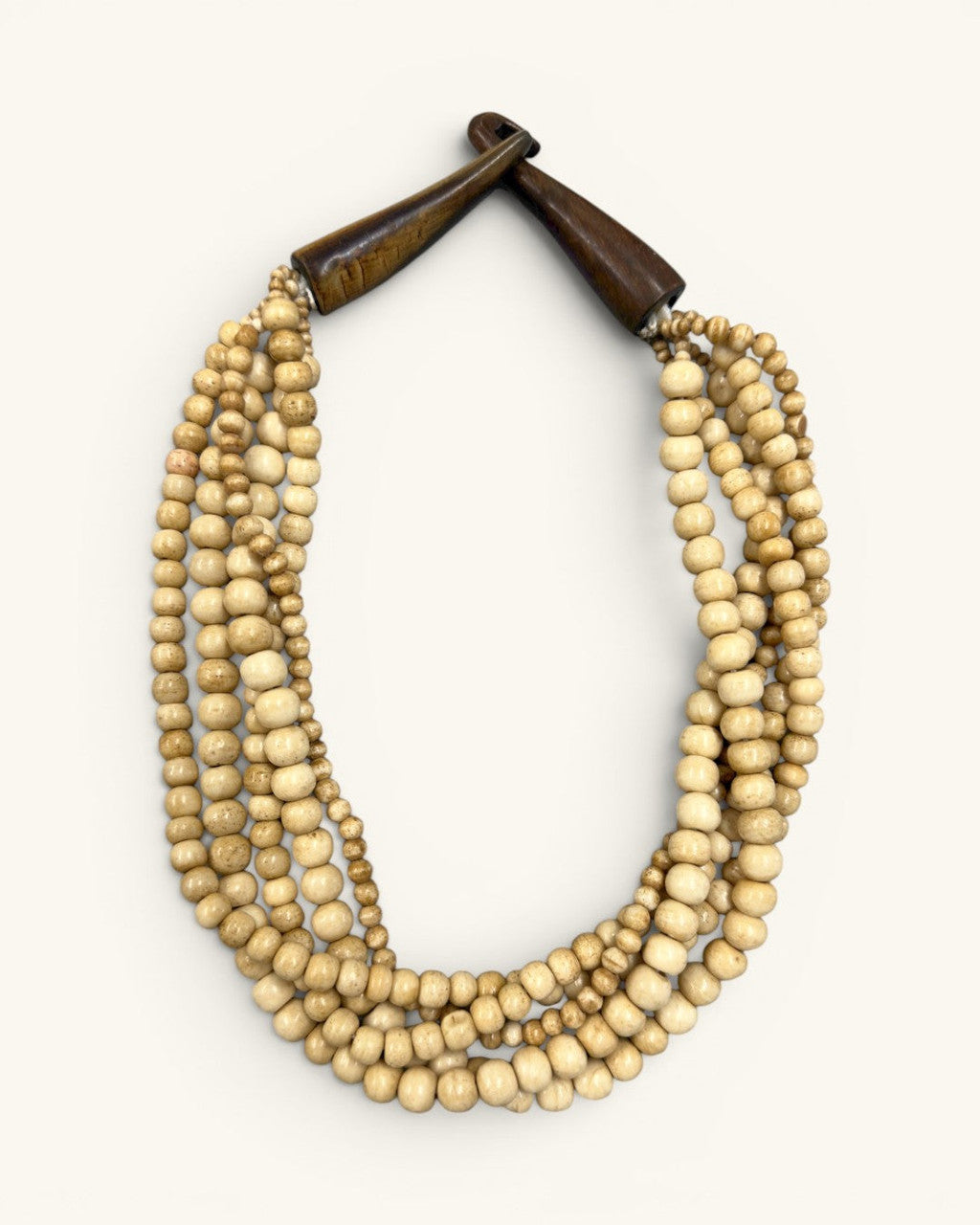 Five-Strand Bone Collar Necklace with Horn Wedge Closure — Cream, tan, deep brown