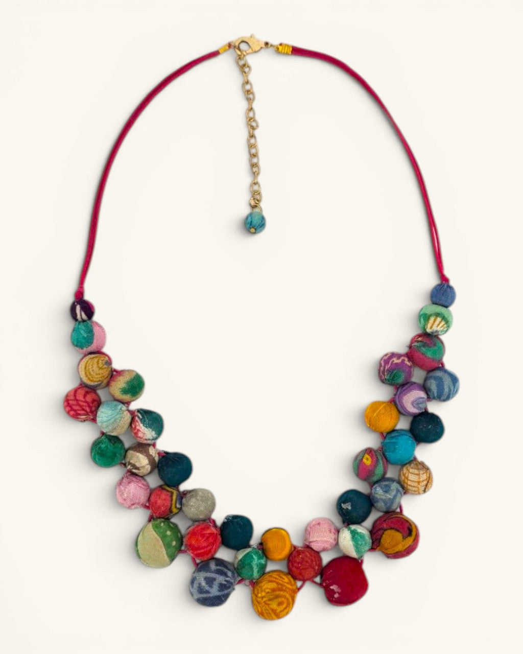 Multicolor Kantha Bead Bib Necklace — recycled sari cotton over wood bead cores
