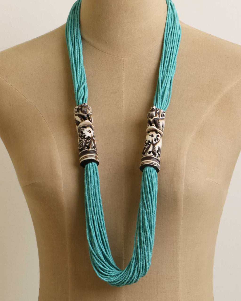 Turquoise Seed Bead Necklace with Carved Bone Elephants