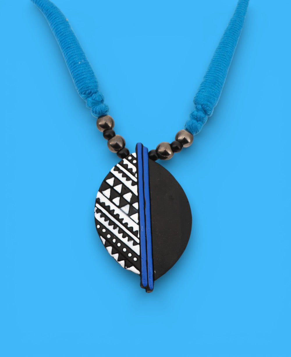 Split-Face Clay Pendant Necklace on Cobalt Cord