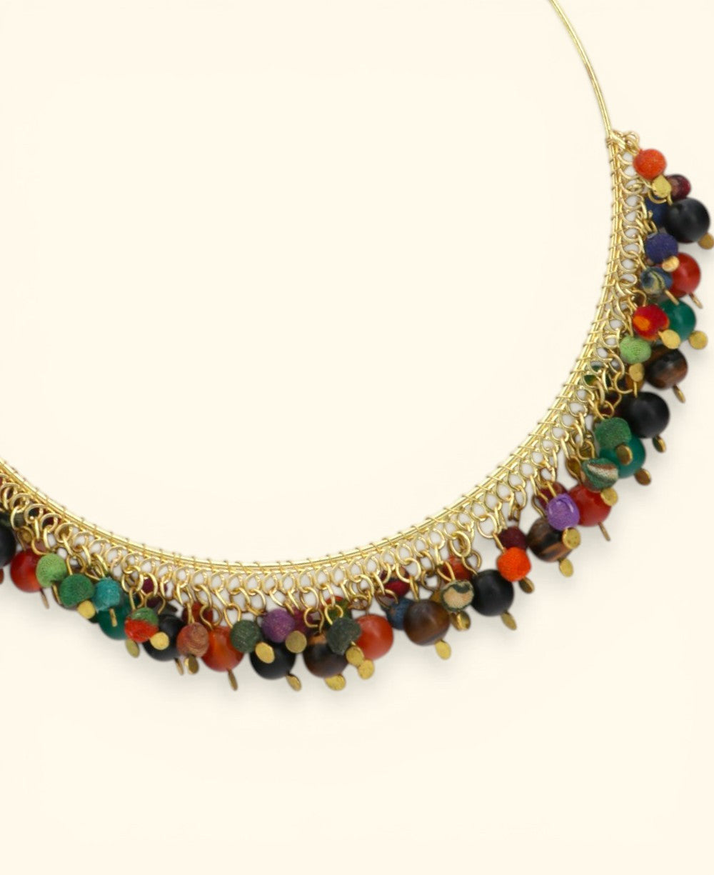 Wire Collar with Textile and Gemstone Bead Fringe