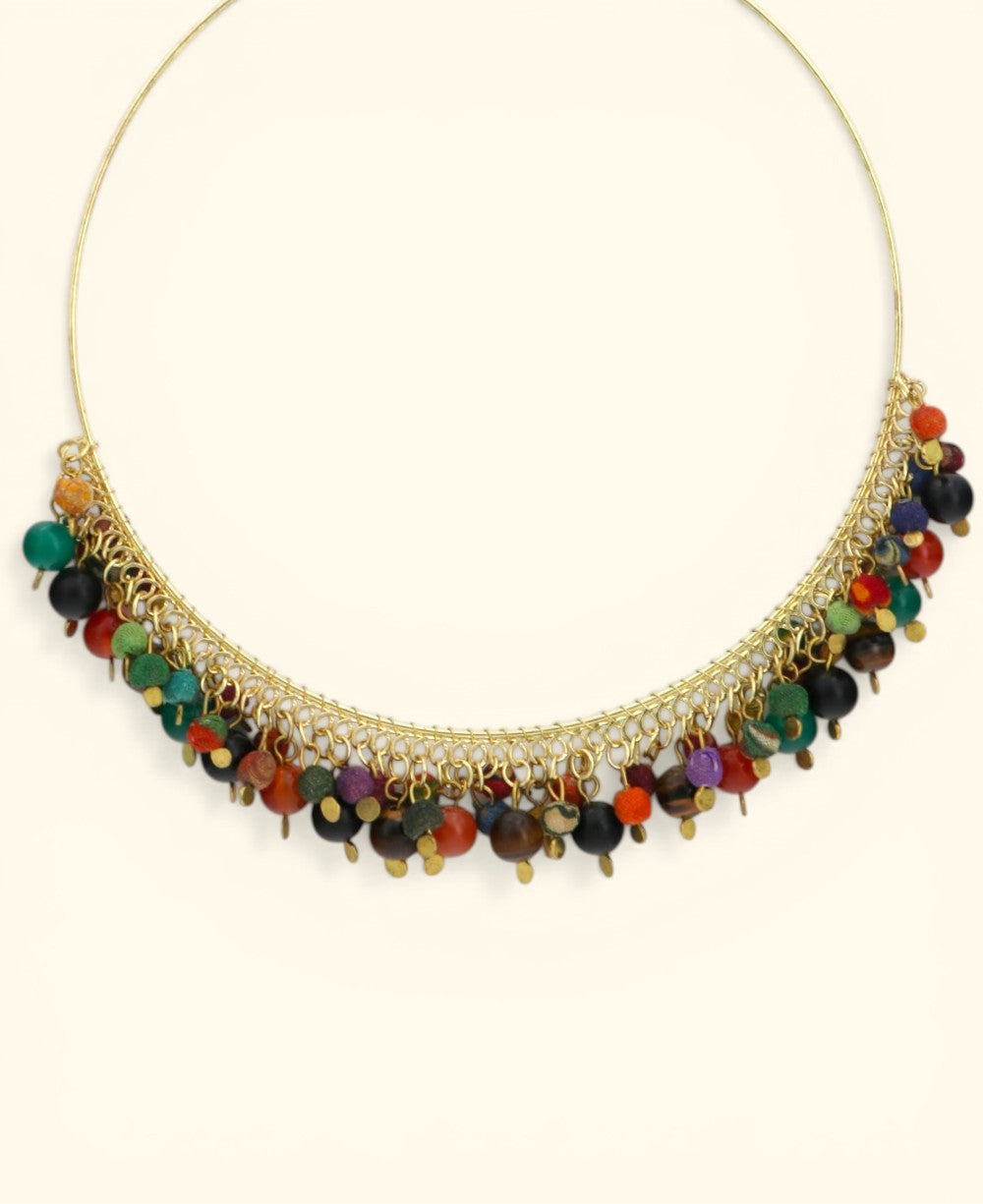 Wire Collar with Textile and Gemstone Bead Fringe