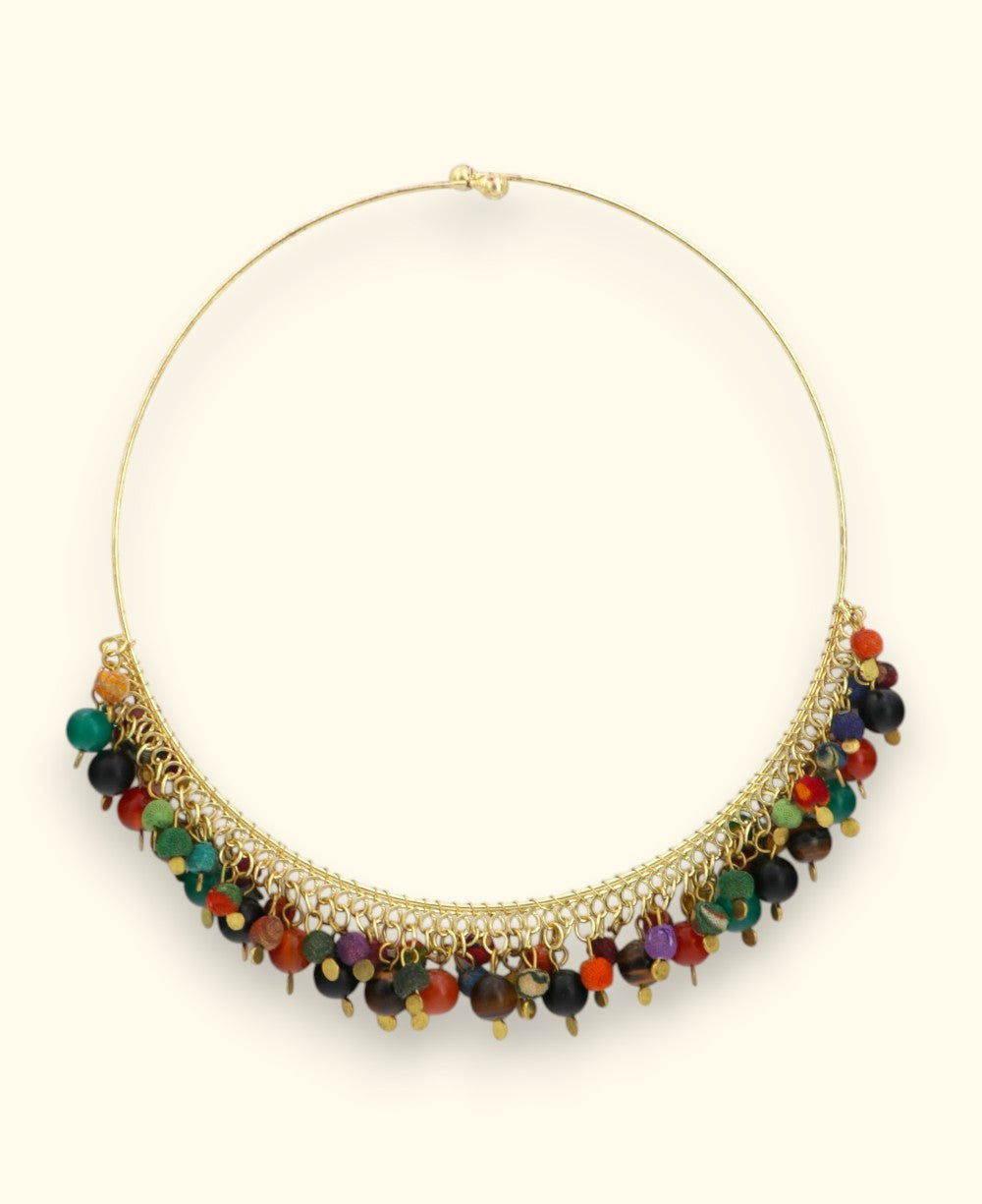 Wire Collar with Textile and Gemstone Bead Fringe