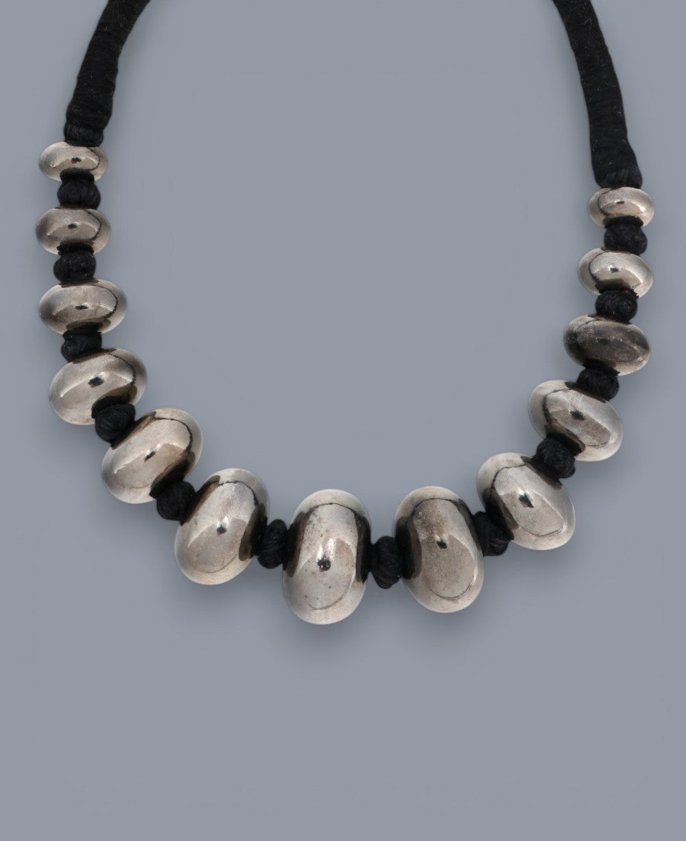 Graduated Gunmetal Bead Choker on Cotton Cord