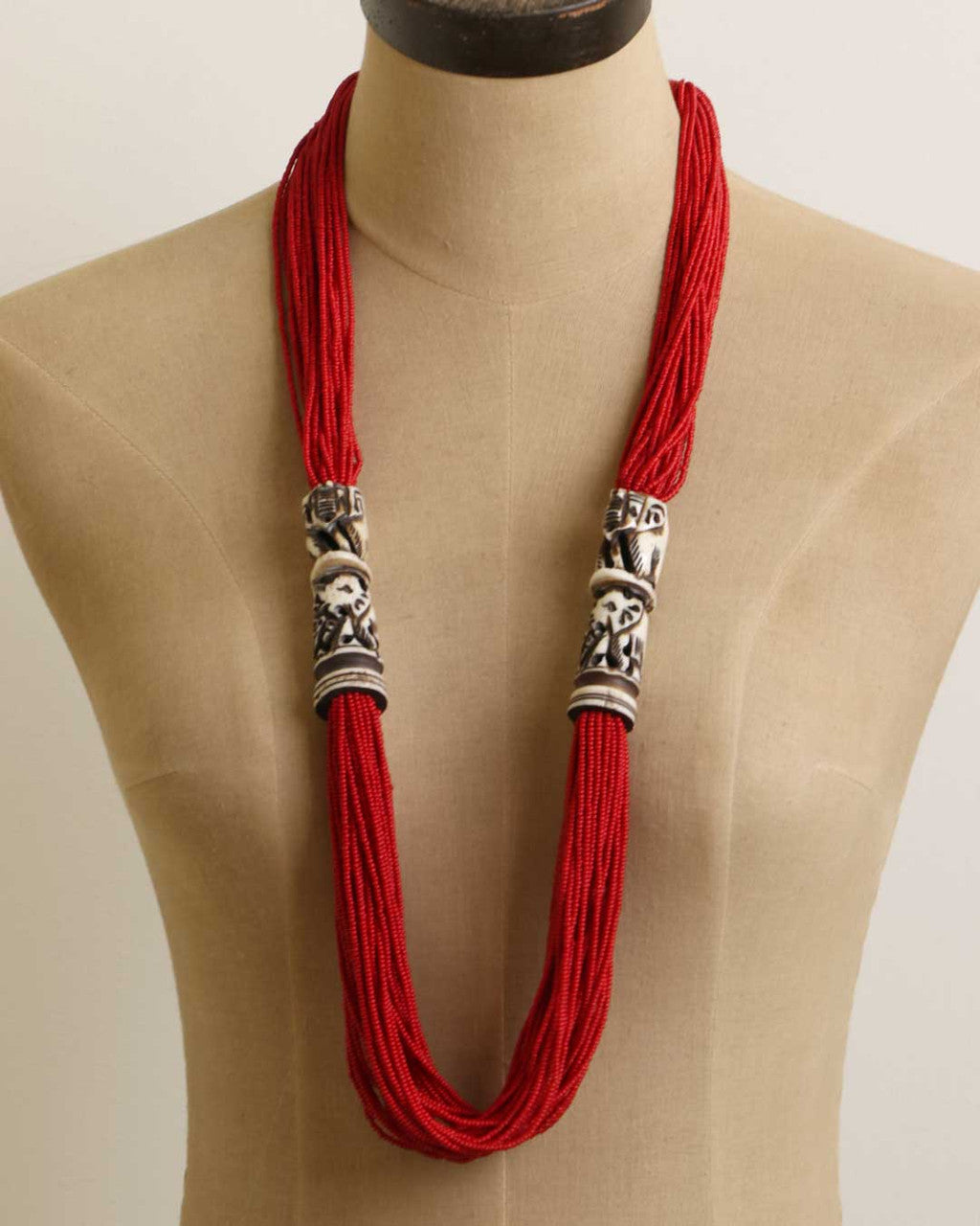 Multi-Strand Red Bead Necklace with Carved Bone Cylinders