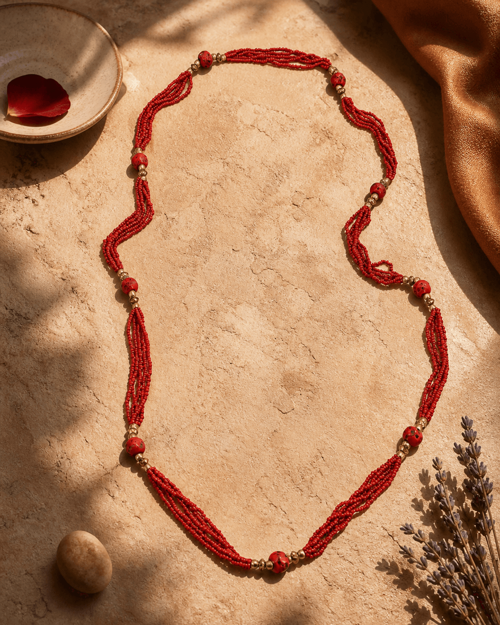 Long Red Bead Rope Necklace