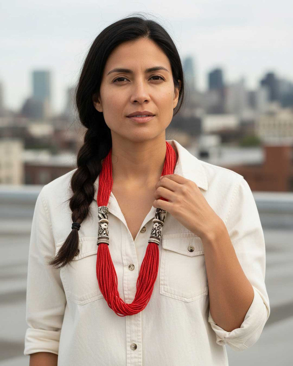 Multi-Strand Red Bead Necklace with Carved Bone Cylinders