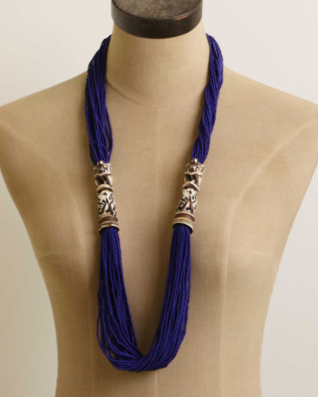 Cobalt Seed Bead Necklace with Carved Bone Elephants