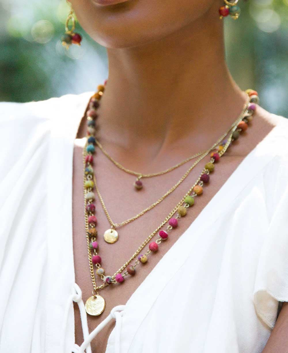 Four-Layer Sari-Bead Necklace with Hammered Discs
