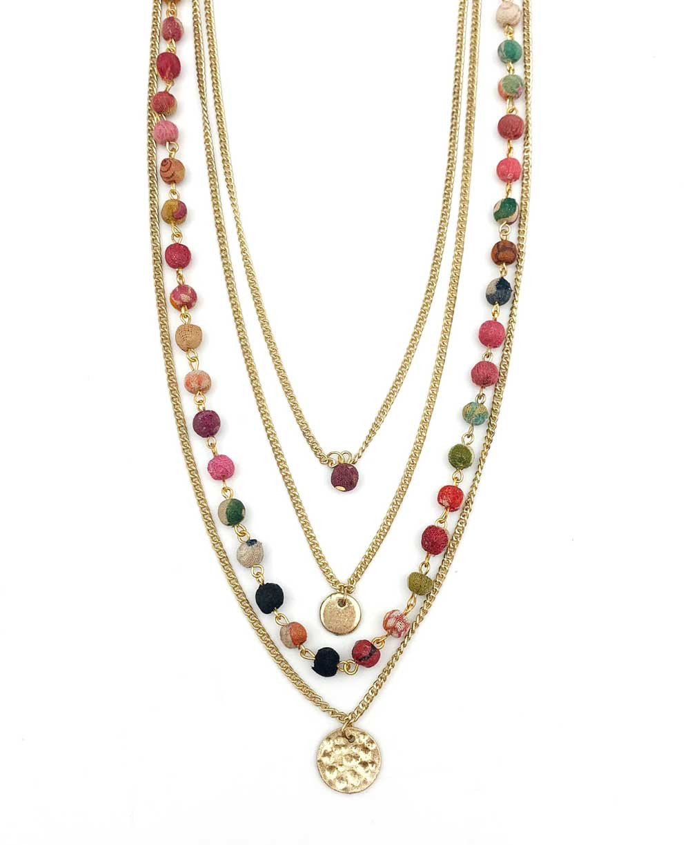 Four-Layer Sari-Bead Necklace with Hammered Discs