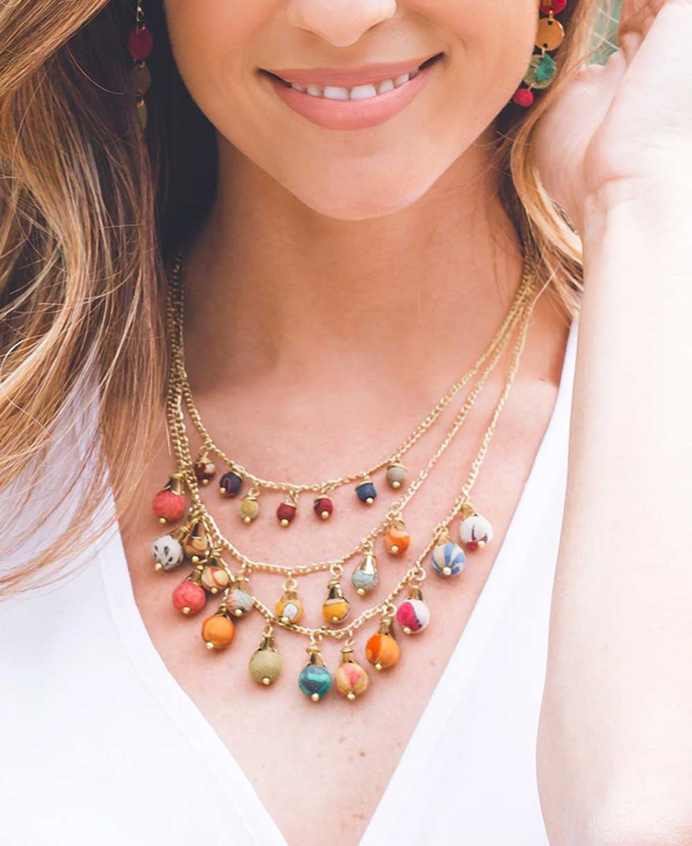 Three-Tier Fringe Necklace, Sari-Wrapped Beads