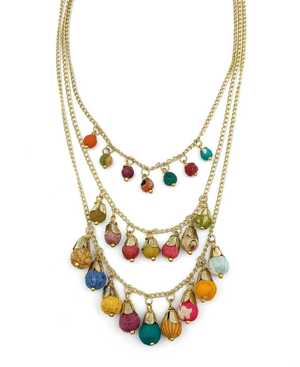 Three-Tier Fringe Necklace, Sari-Wrapped Beads