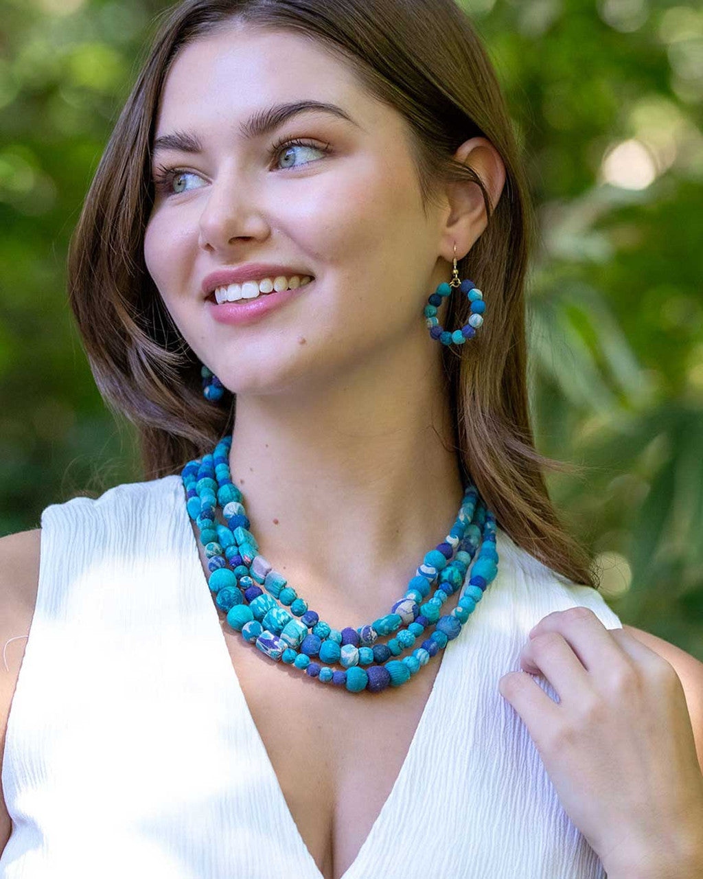 Three-Strand Kantha Bead Necklace in Tonal Blue