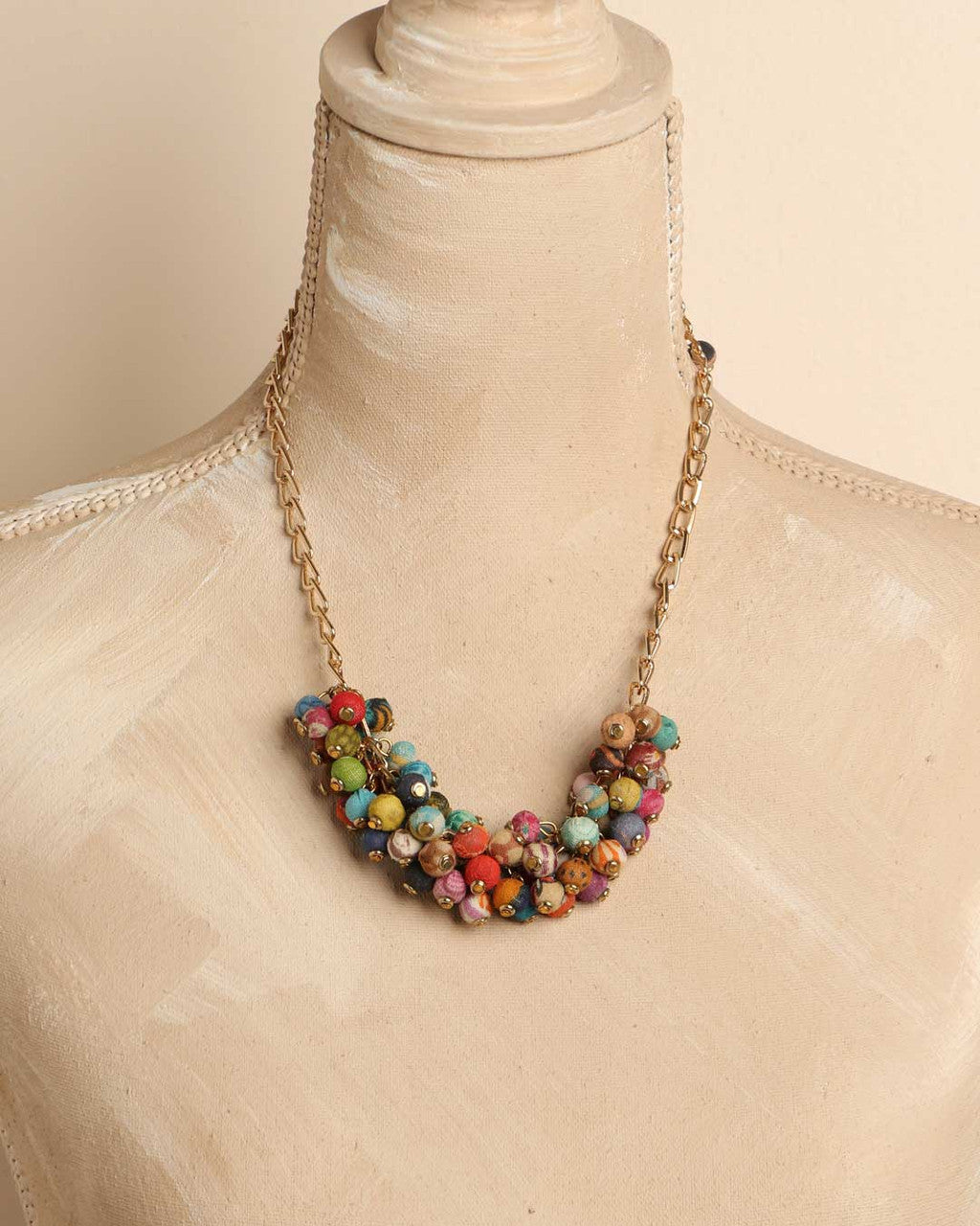 Kantha Bead Cluster Necklace on Oversized Brass Chain