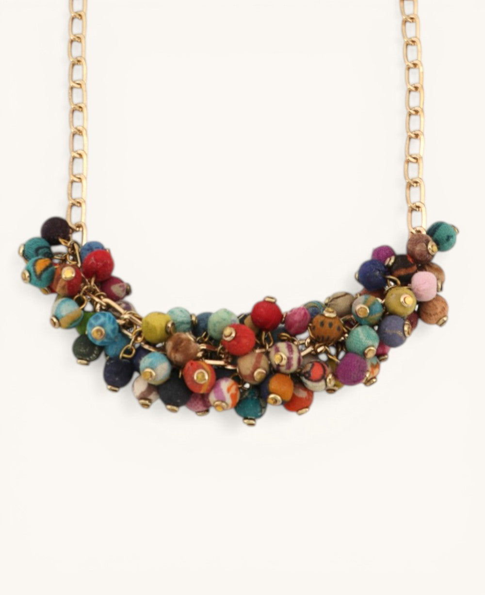 Kantha Bead Cluster Necklace on Oversized Brass Chain
