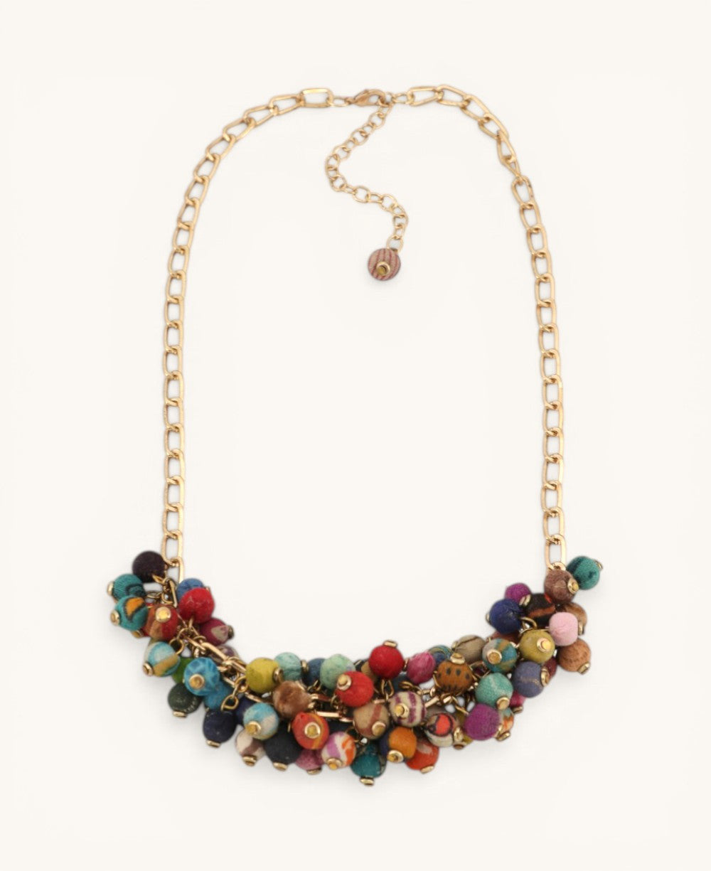 Kantha Bead Cluster Necklace on Oversized Brass Chain