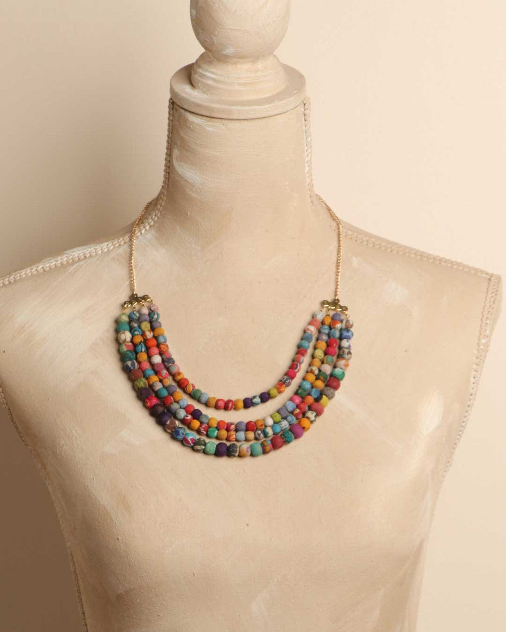 Four-Strand Kantha Fabric Bead Necklace