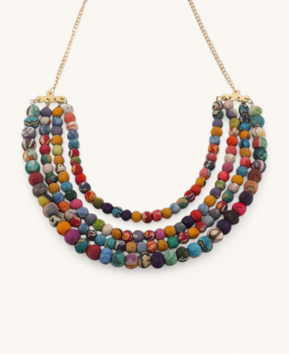 Four-Strand Kantha Fabric Bead Necklace