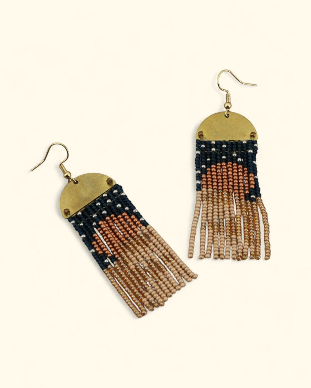 Half-Moon Fringe Earrings in Indigo, Copper and Sand