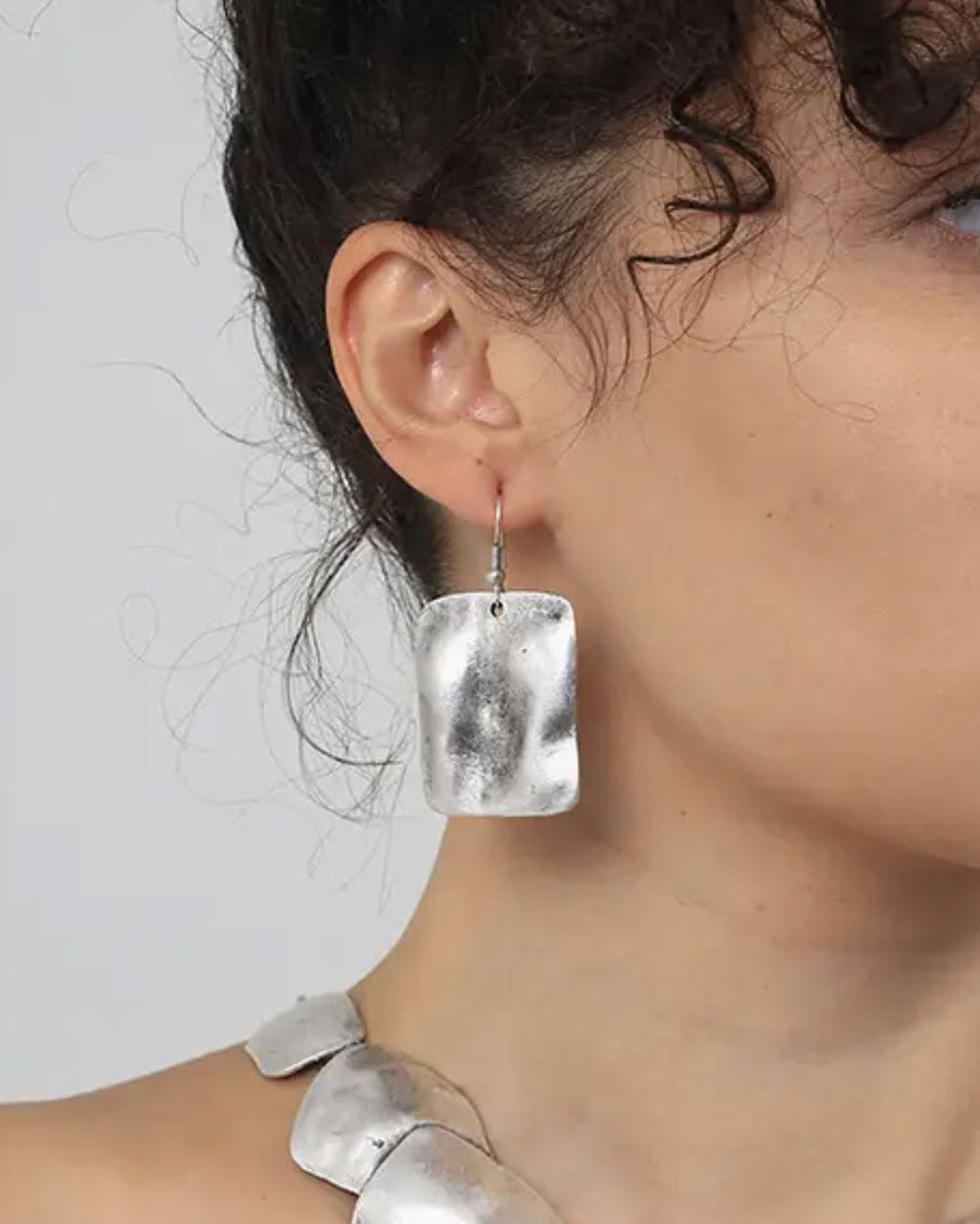 Rippled Silver Rectangle Drop Earrings