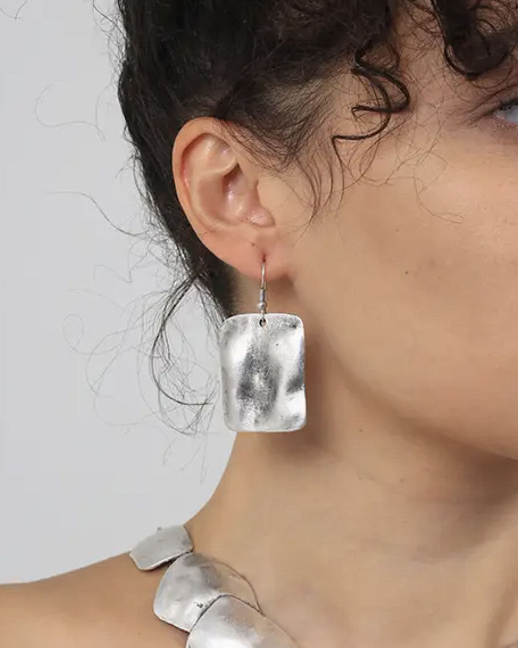 Rippled Silver Rectangle Drop Earrings