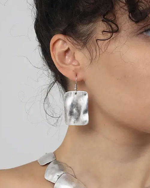 Rippled Silver Rectangle Drop Earrings