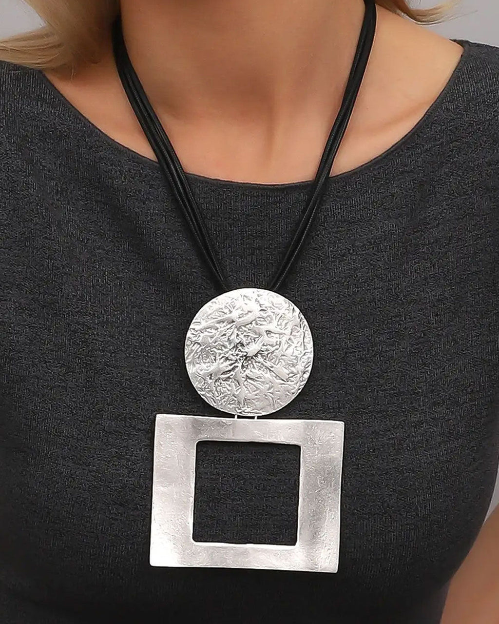 Circle and Square Silver-Tone Pendant Necklace