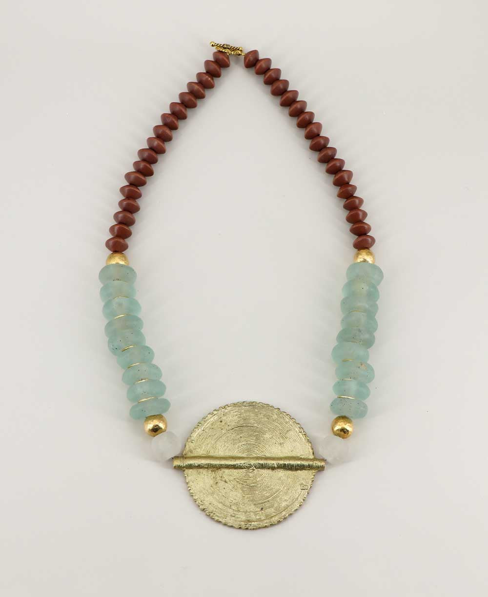 Hammered Brass Medallion Necklace with Aqua Glass