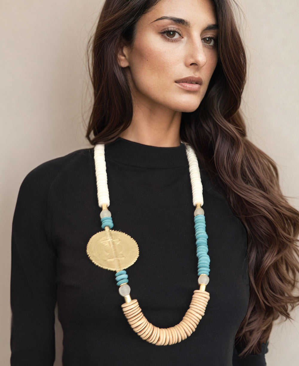Asymmetric Brass Medallion Necklace with Bone and Teal Beads