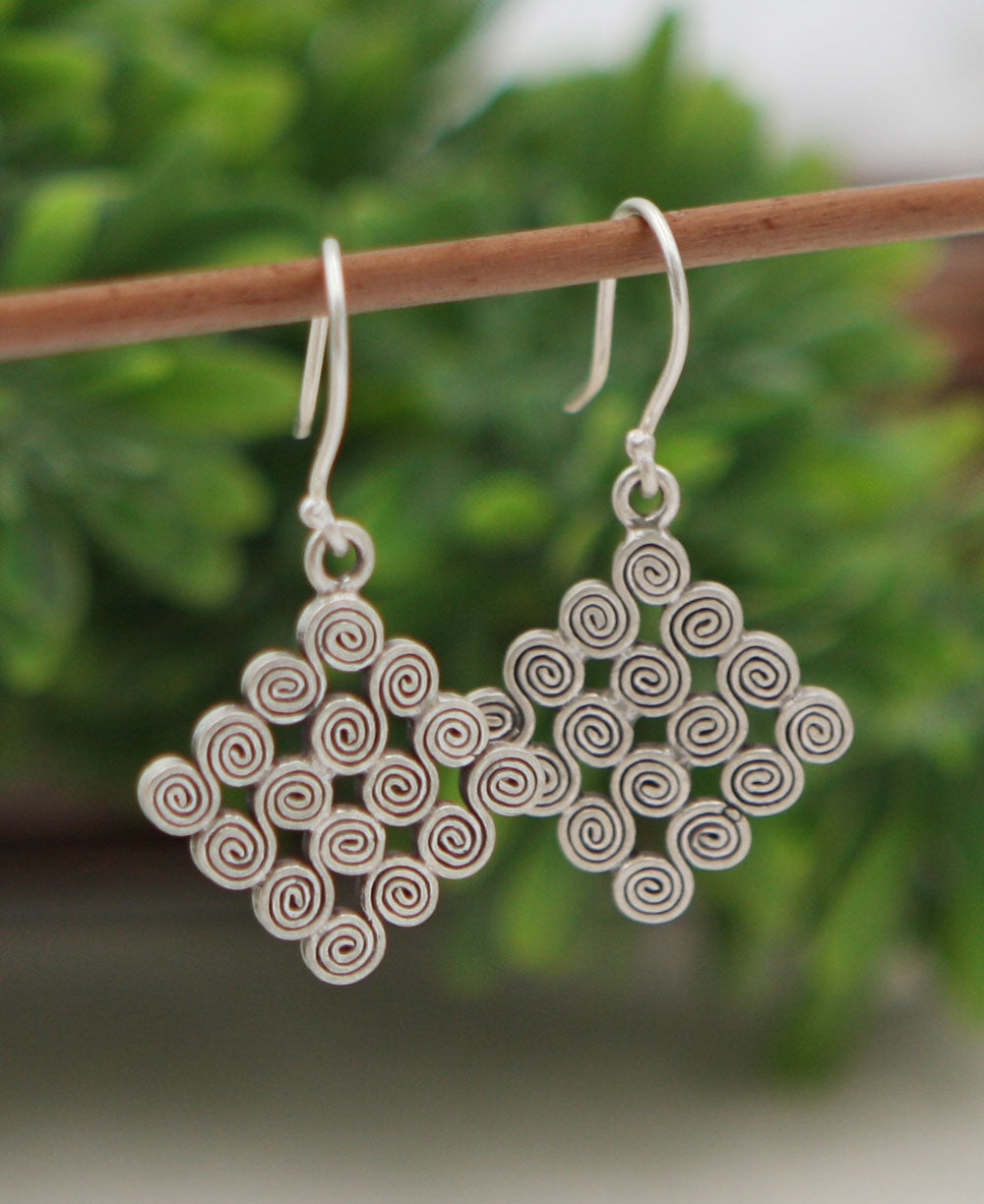 Coiled Spiral Diamond Silver Drop Earrings