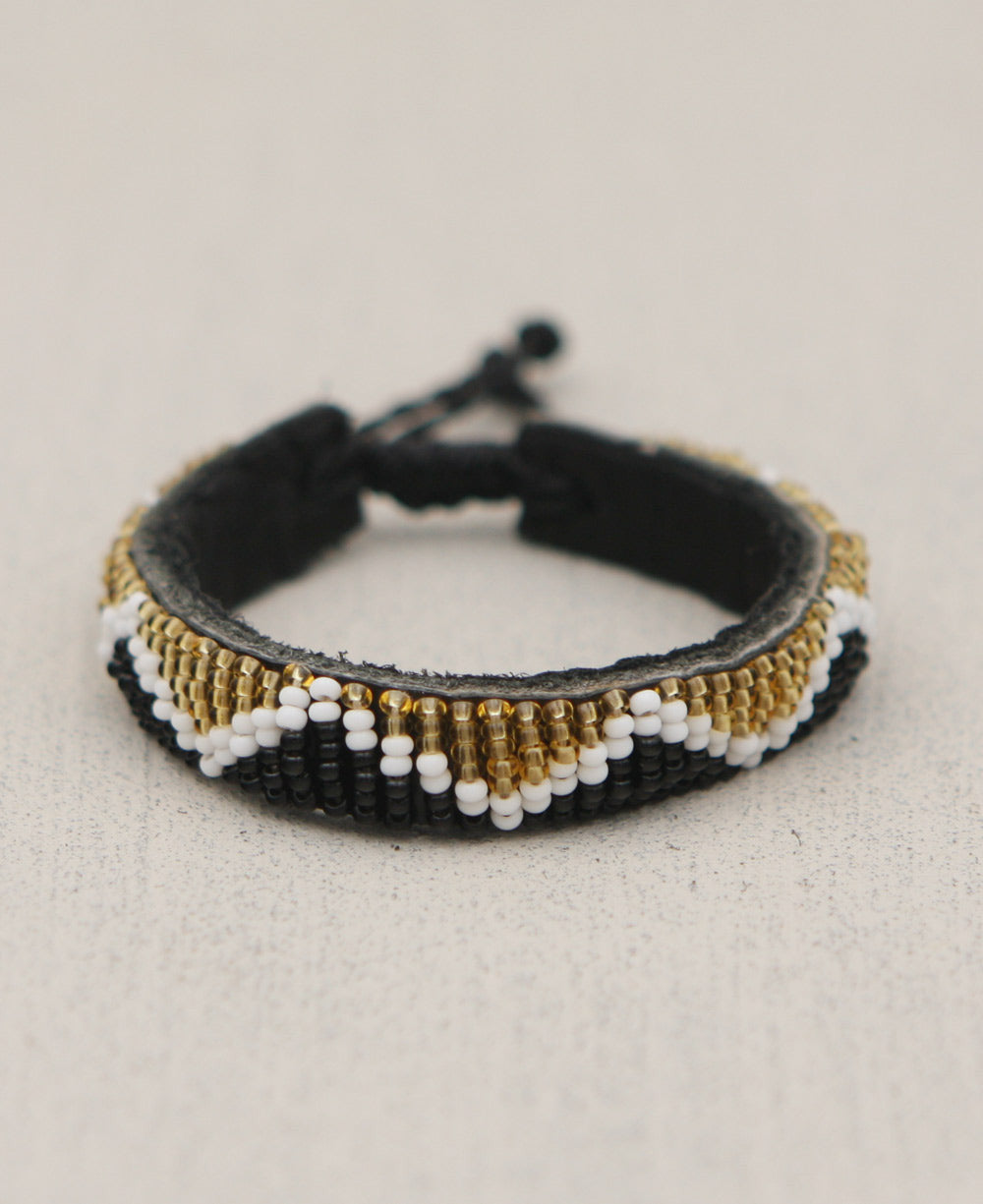 Zigzag Beaded Leather Cuff — Black, Gold, White