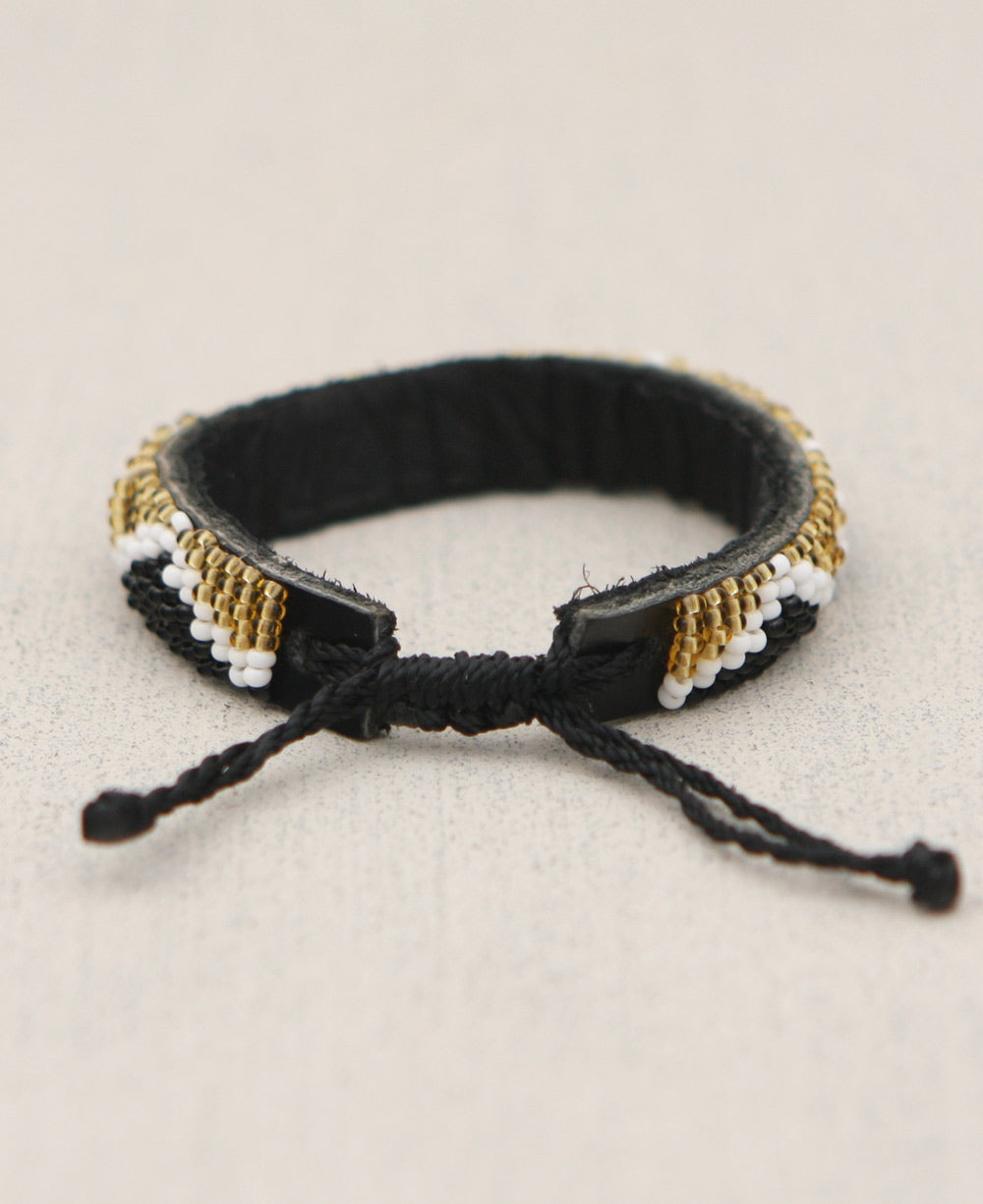Zigzag Beaded Leather Cuff — Black, Gold, White