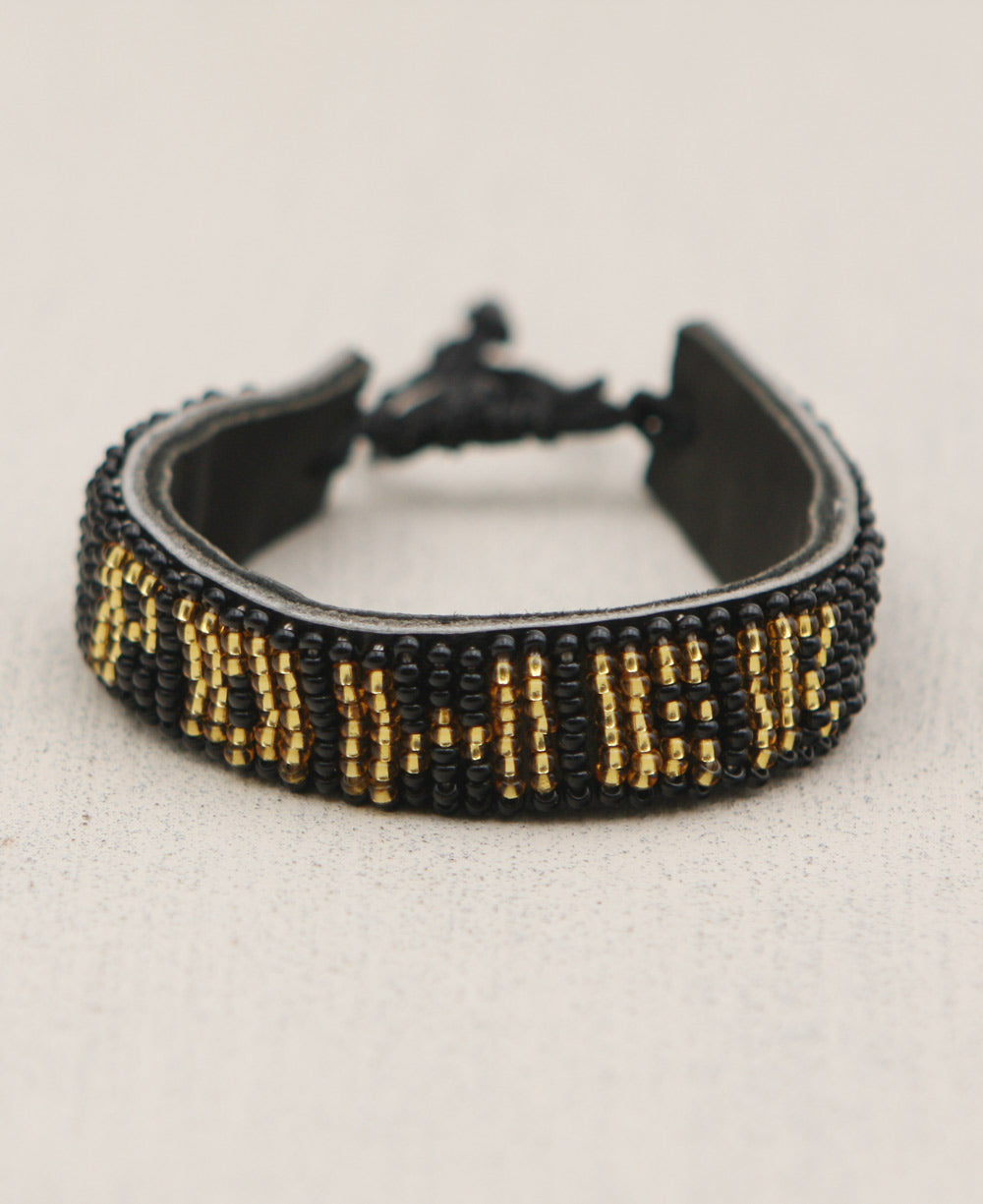 Beaded POWER Leather Cuff, Black and Gold