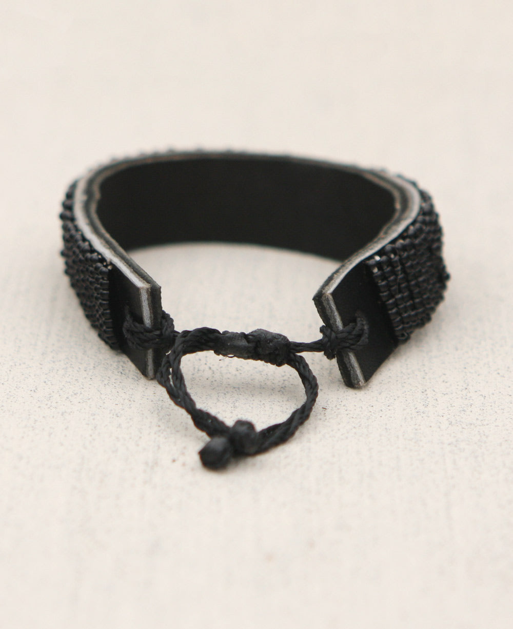 Beaded POWER Leather Cuff, Black and Gold