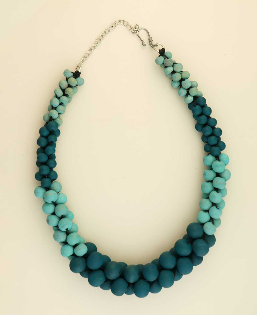 Twisted Teal and Turquoise Wood Bead Necklace