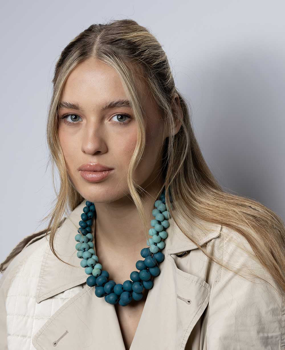 Twisted Teal and Turquoise Wood Bead Necklace