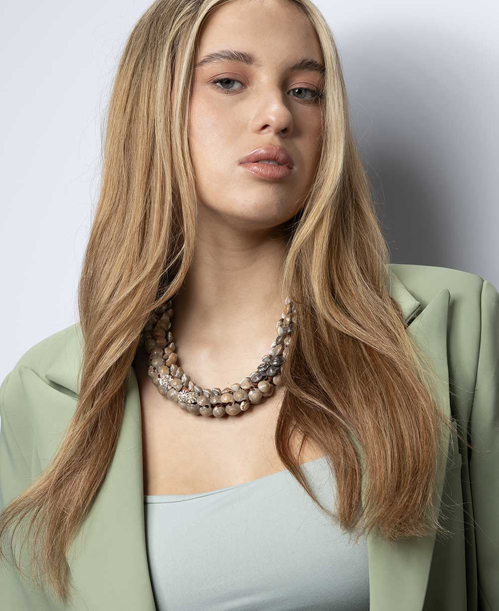 Layered Shell Cluster Collar in Sand and Taupe