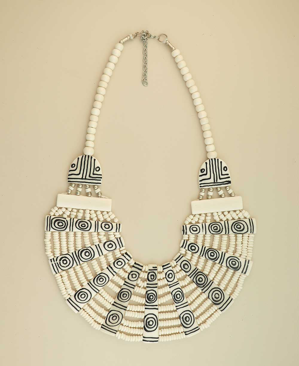 Graphic Fan Bib Necklace in Carved Bone