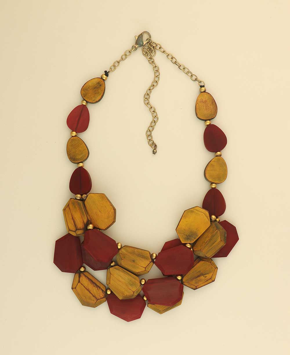 Two-Tier Bib Necklace in Amber and Crimson Horn