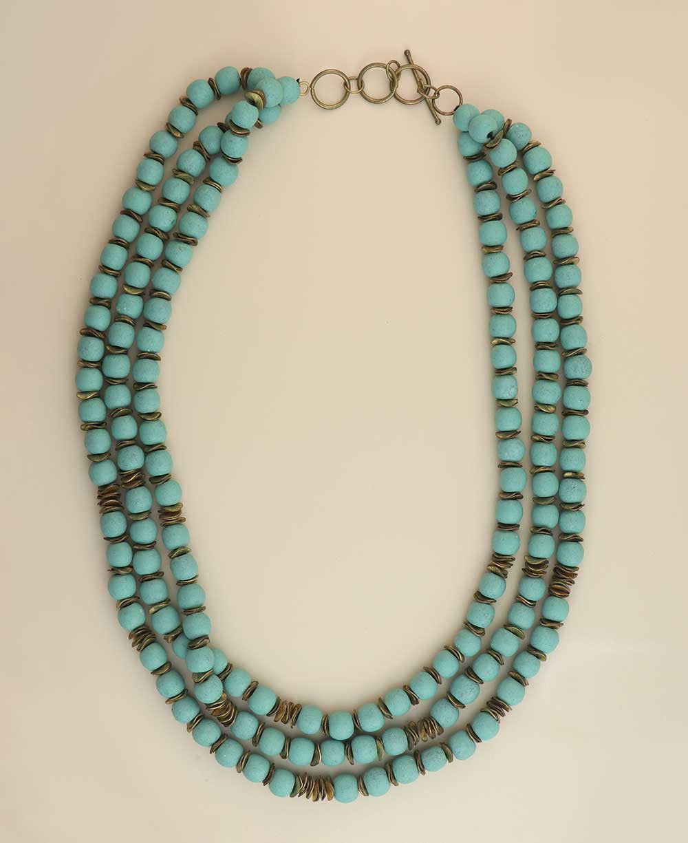 Powder Blue Wood Bead Triple-Strand Necklace