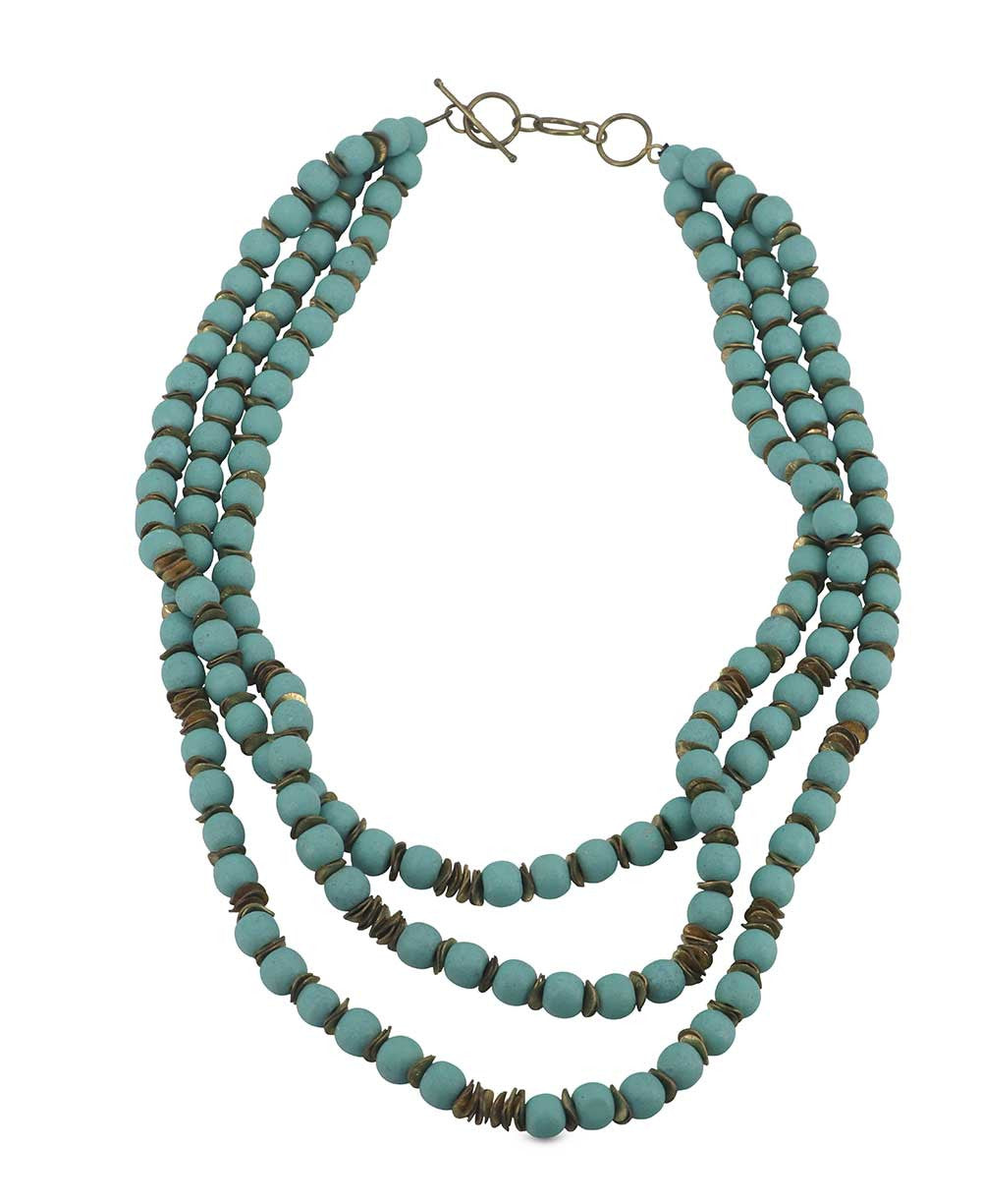 Powder Blue Wood Bead Triple-Strand Necklace
