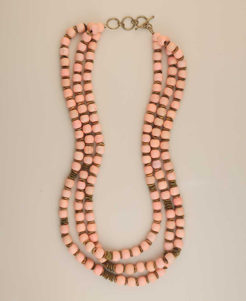 Three-Strand Peach Wood Bead Necklace with Wavy Brass Spacers