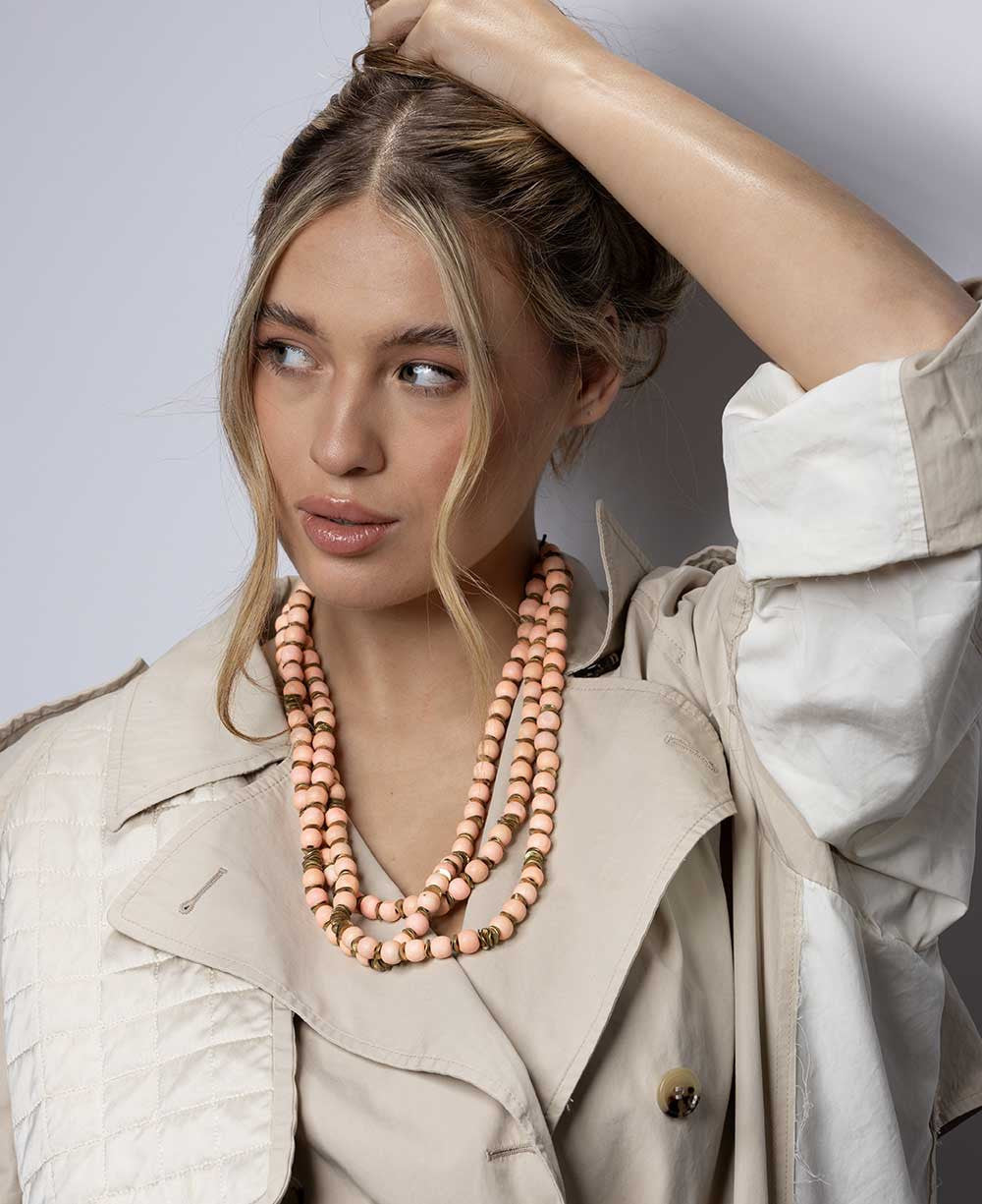 Three-Strand Peach Wood Bead Necklace with Wavy Brass Spacers