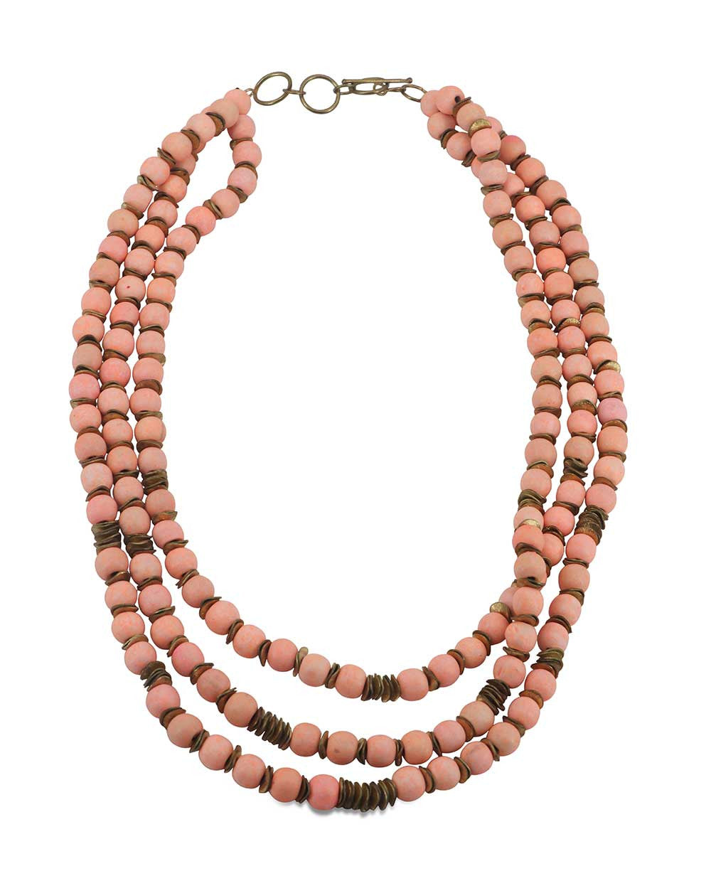 Three-Strand Peach Wood Bead Necklace with Wavy Brass Spacers